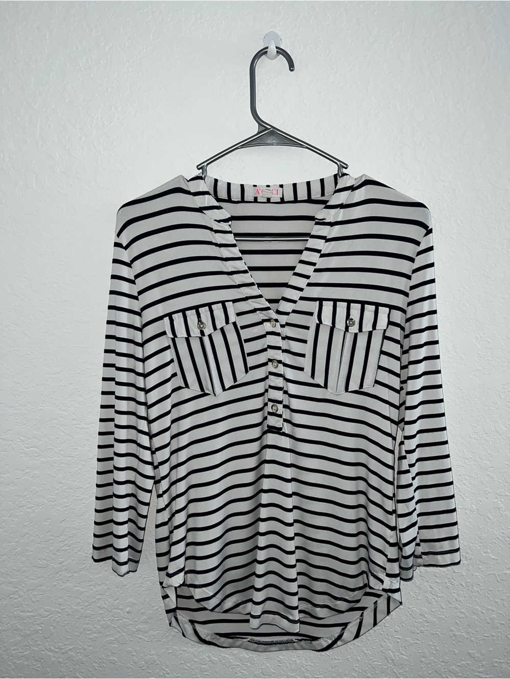 A’gaci Black & White Striped Henley Pocket Long Sleeve Top